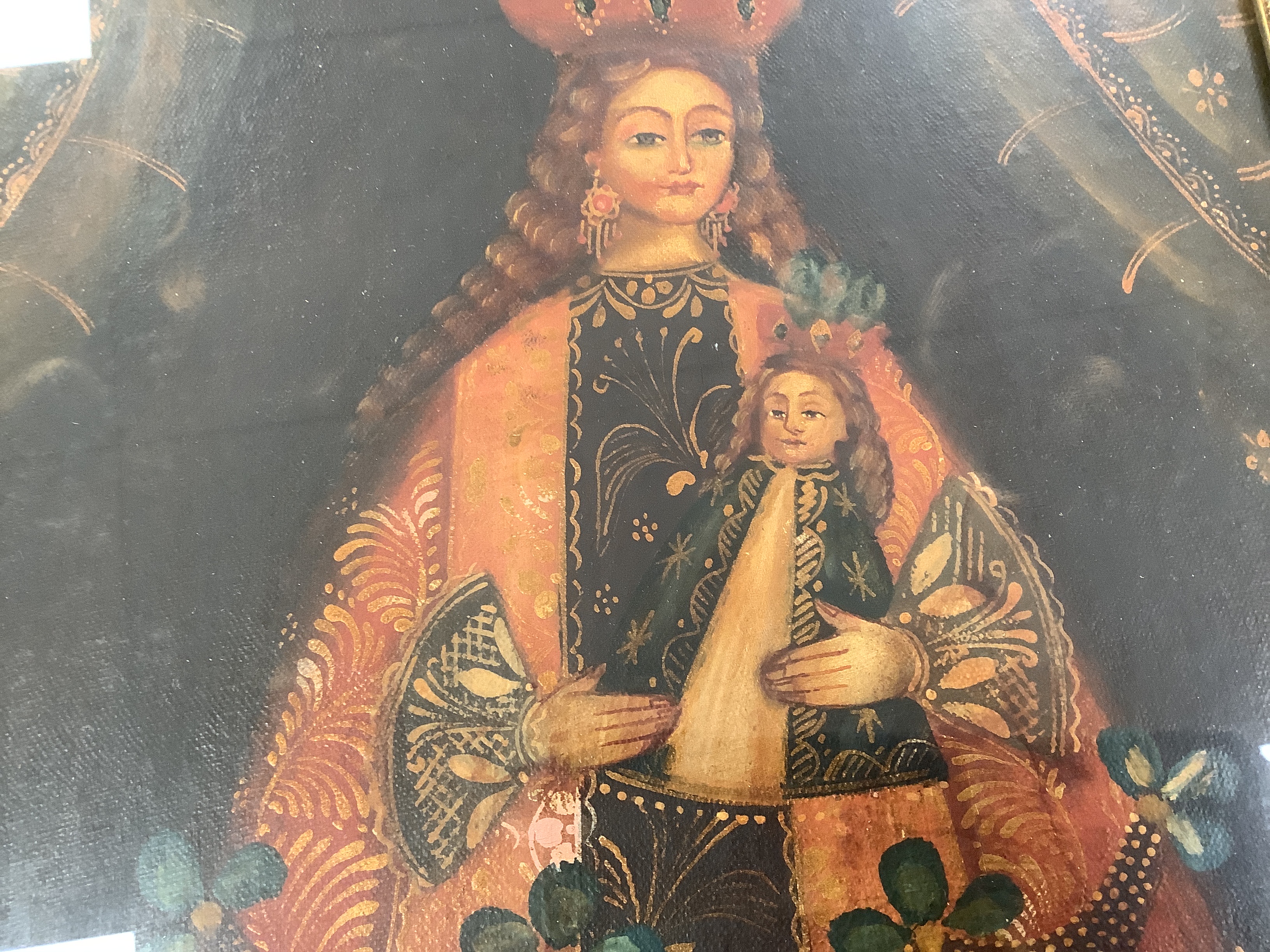 Hugo Barrionuevo, pair of Cuzco School style oils, Madonna and child and a nobleman, one signed, 39 x 28cm